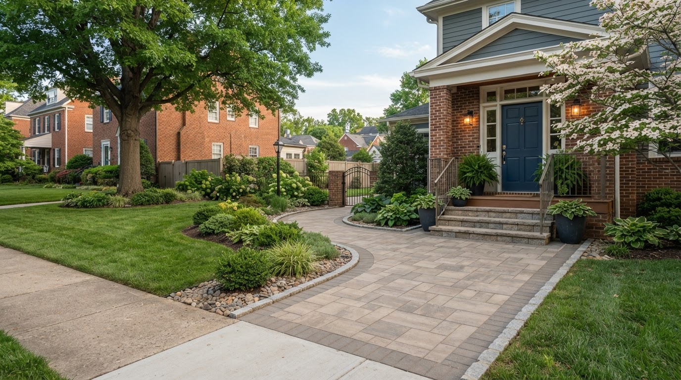 Residential courtyard or front-entry paver area with clear pedestrian circulation