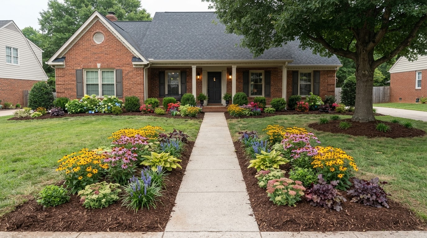 Illustrative same area with coordinated newly installed planting beds after landscape installation