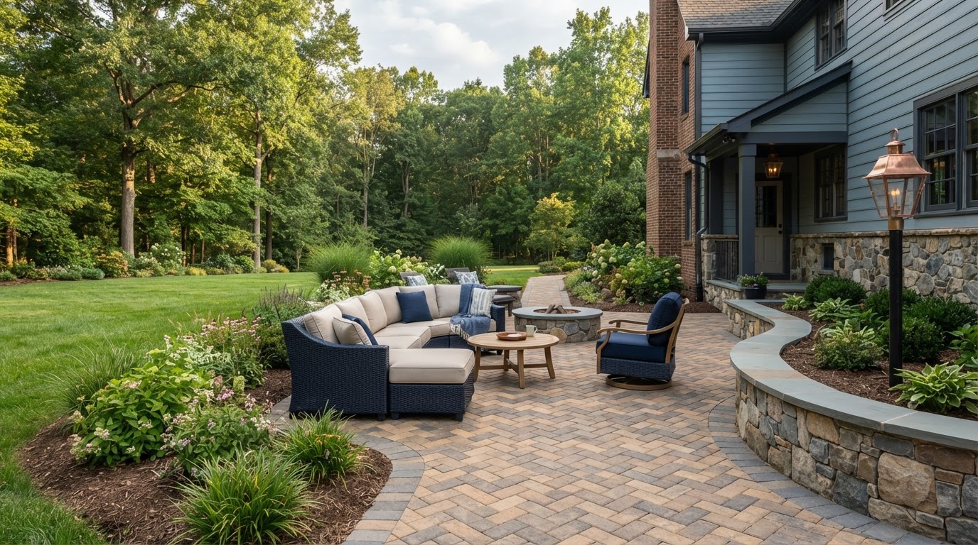 Usable backyard paver patio with outdoor seating, clear circulation, and landscaped edges