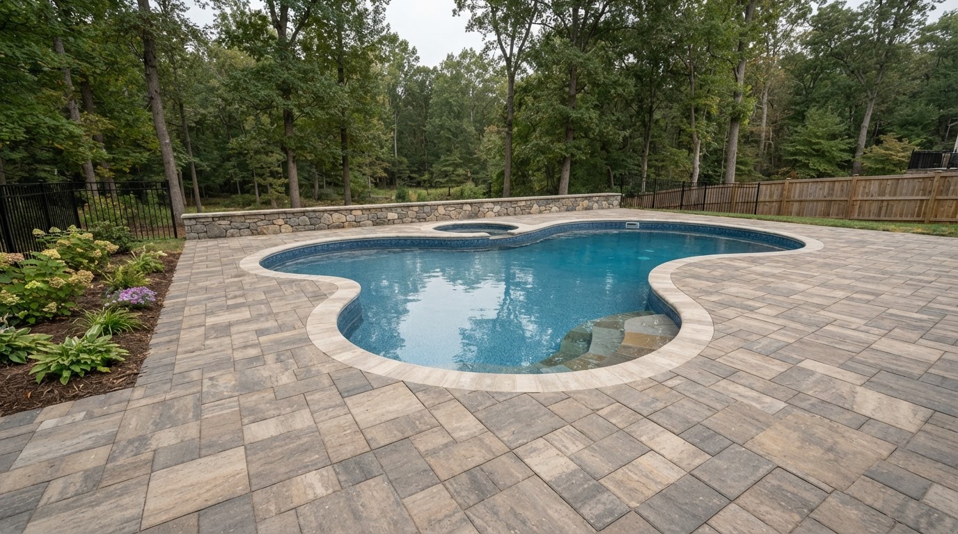Paver pool deck with clear walking space and poolside seating
