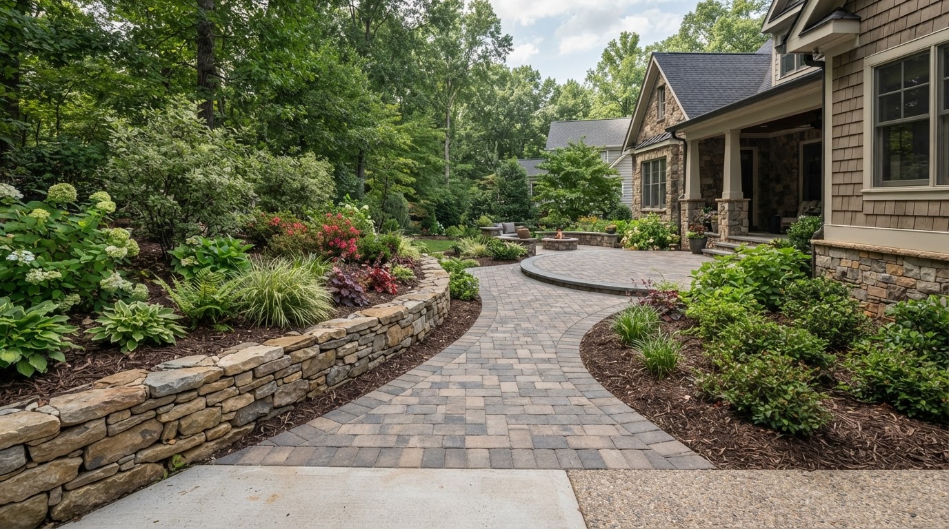 Finished paver walkway and seating wall in residential yard