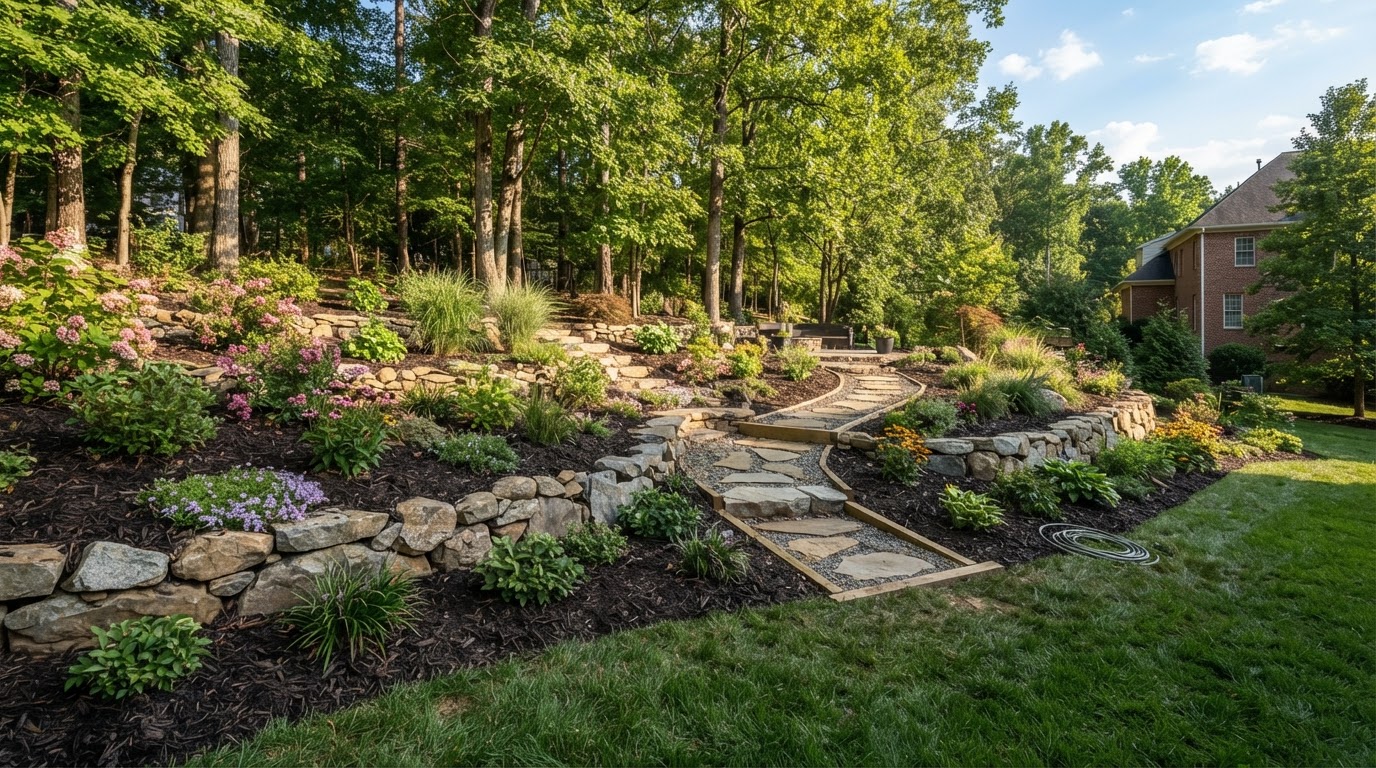 Stabilized landscaped slope with appropriate planting, mulched beds, and a gentle controlled grade