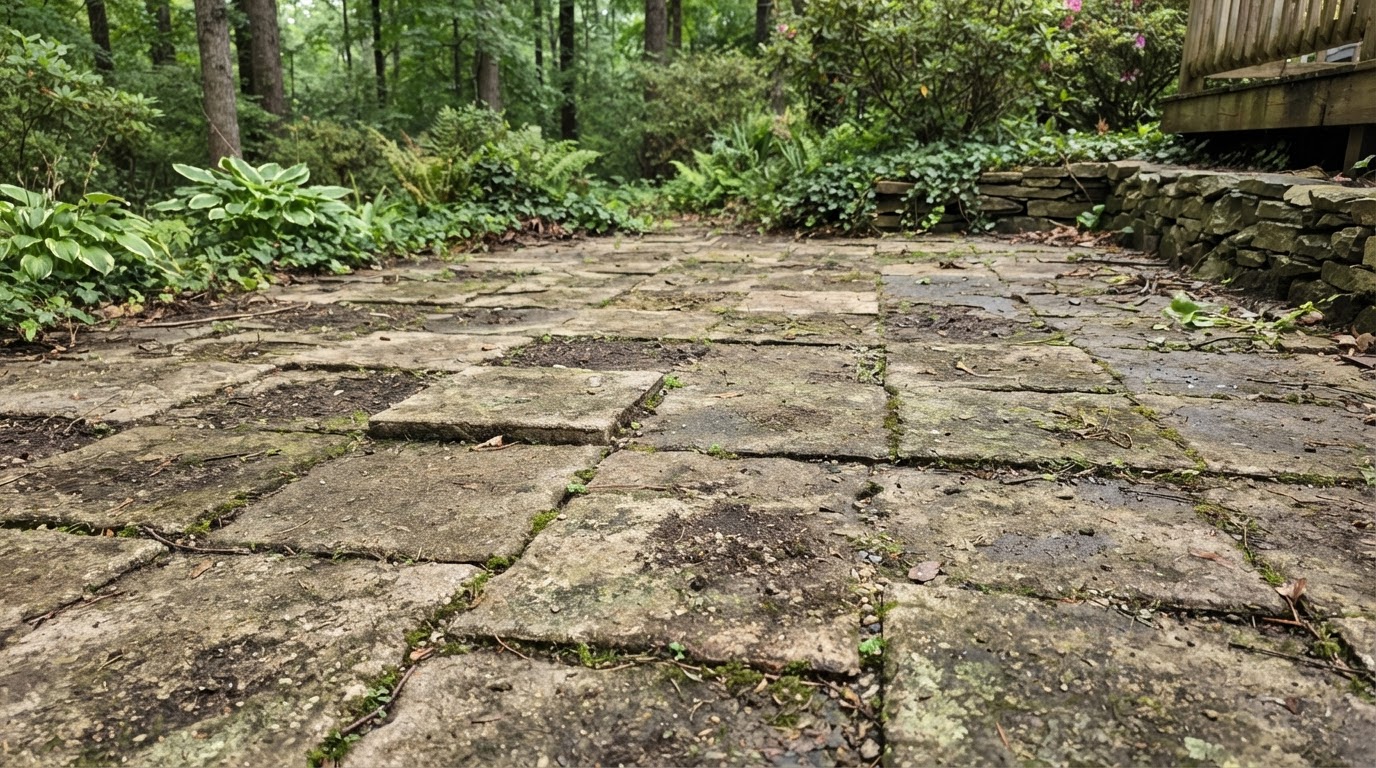 Illustrative weathered paver patio with dirt buildup and discoloration before cleaning