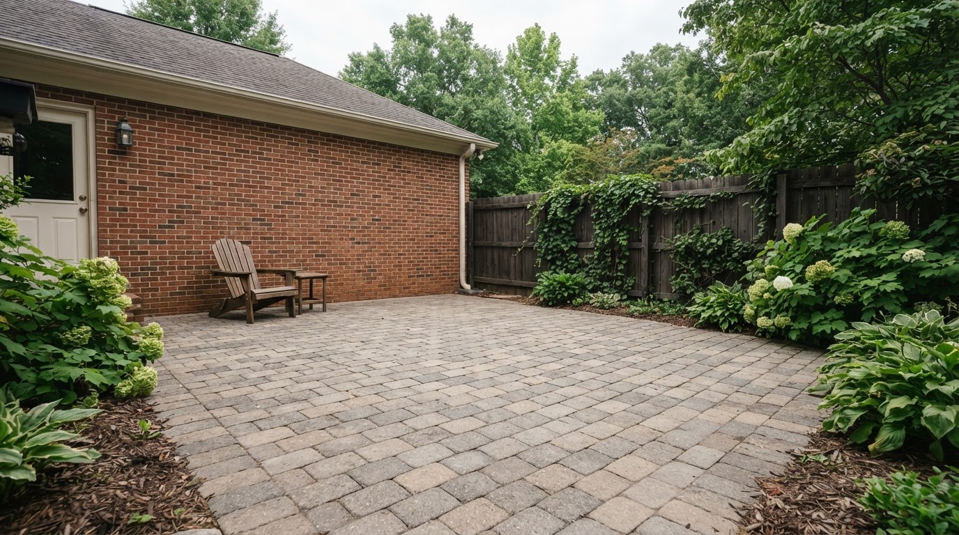 Illustrative plain paver patio corner without a cooking station before outdoor kitchen construction
