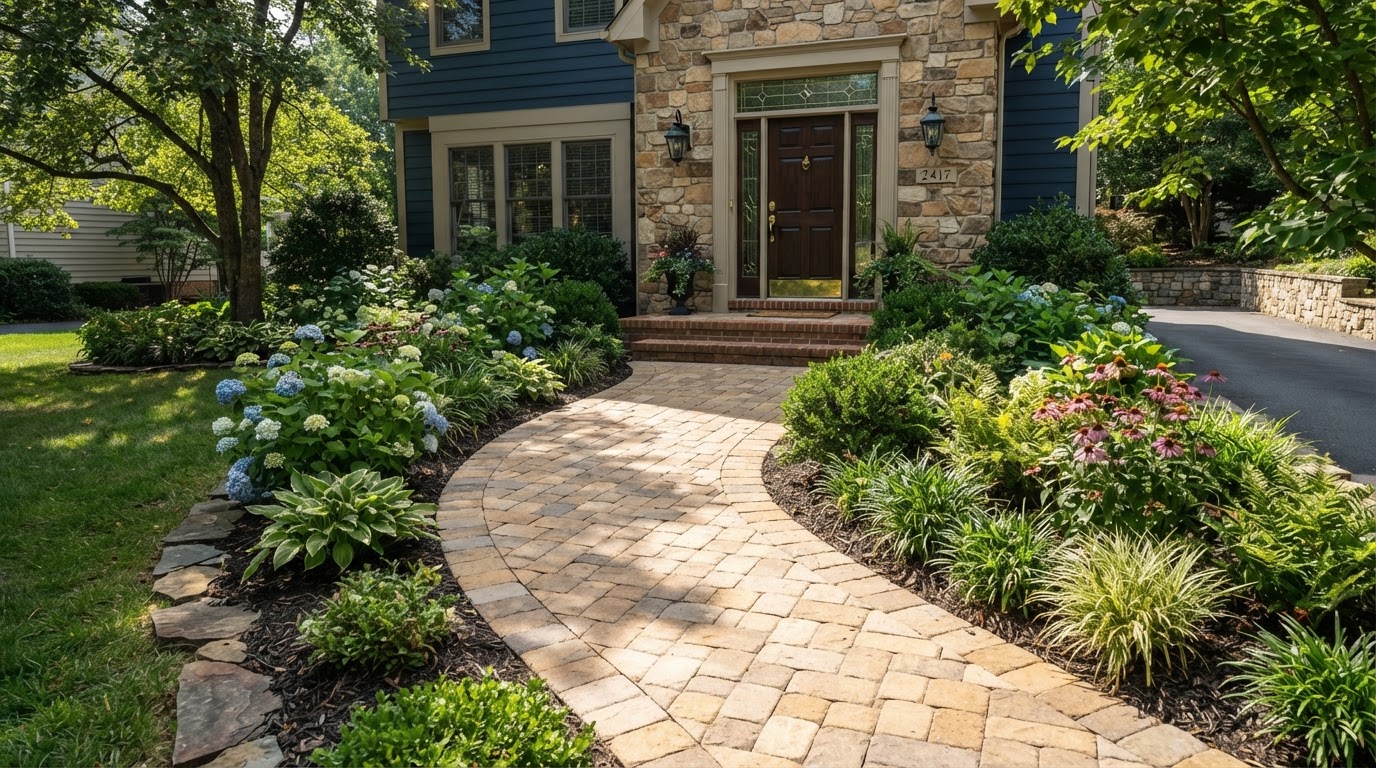 Paver walkway leading through landscaped borders to a front entrance