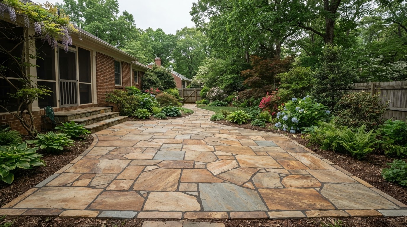 Natural stone patio with varied stone tones and landscaped surroundings
