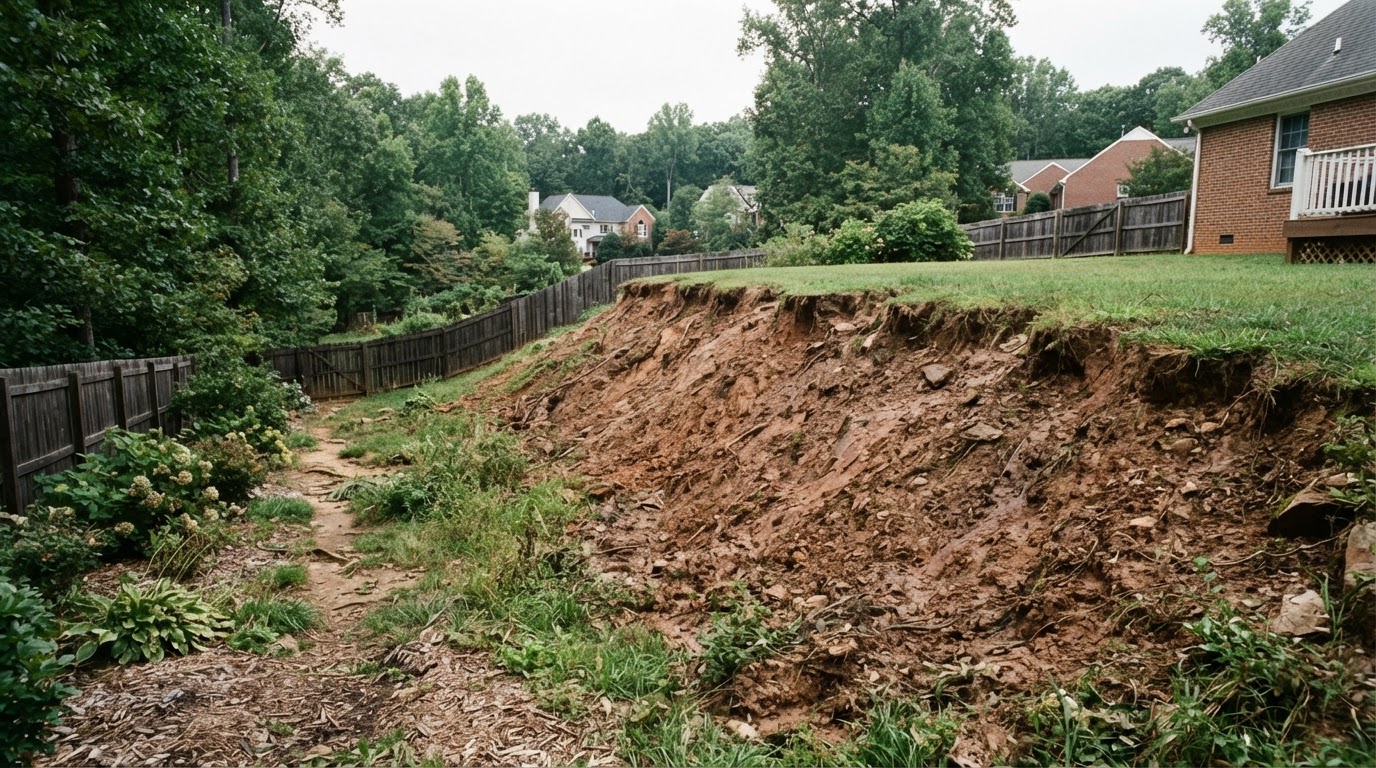 Illustrative yard elevation change with bare eroded slope before step installation