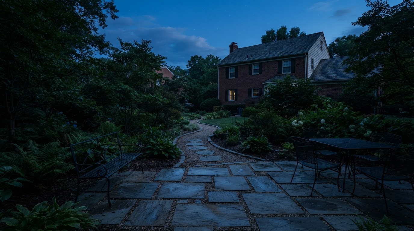 Illustrative outdoor paver path and patio at dusk without lighting before installation