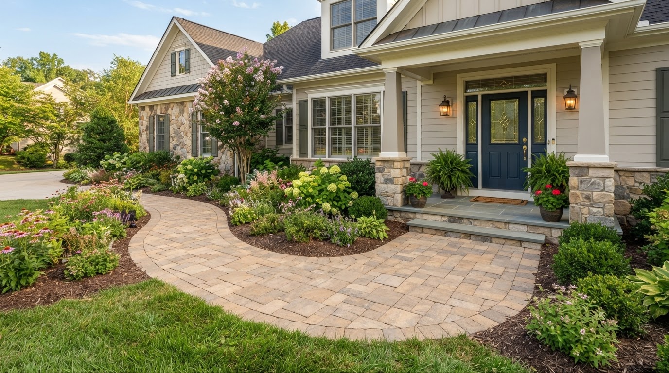 Residential front-entry paver walkway with landscaped borders and porch landing