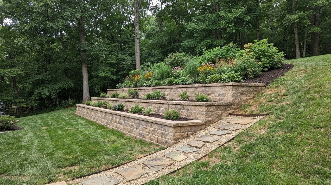 Illustrative same sloped yard with segmental retaining wall and planted tier after installation