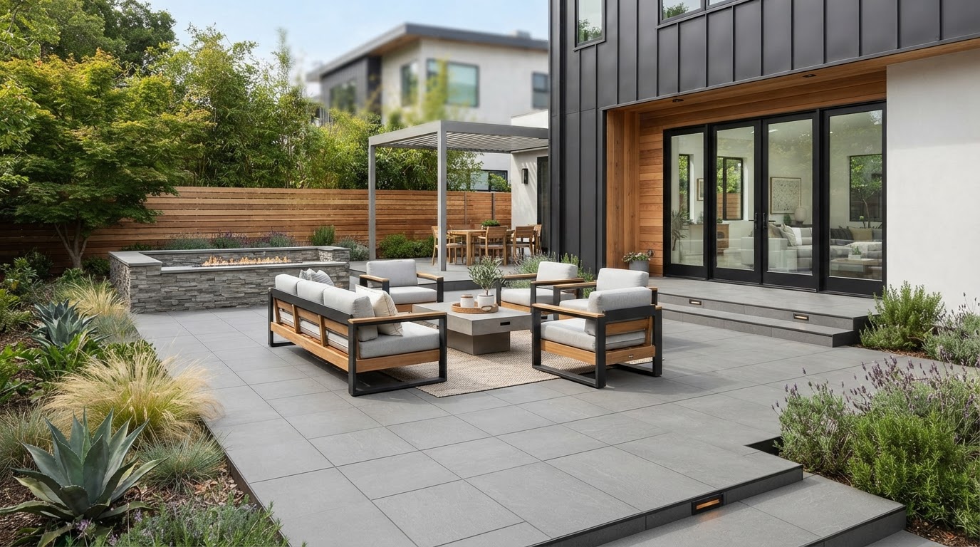 Contemporary outdoor patio with large-format porcelain pavers in neutral gray tones with detailed edges