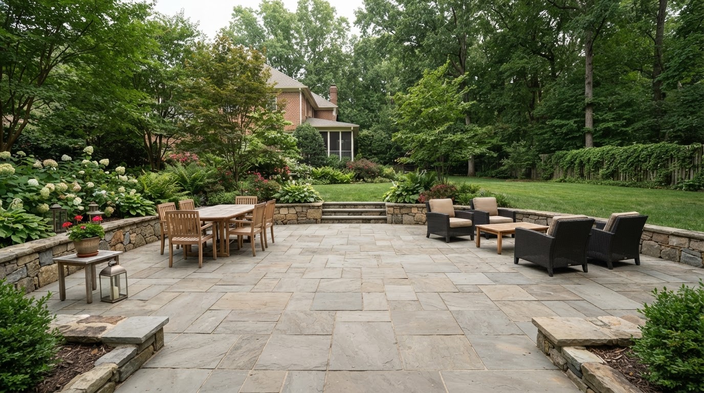 Illustrative plain outdoor gathering area on a paver patio without a fire feature before installation