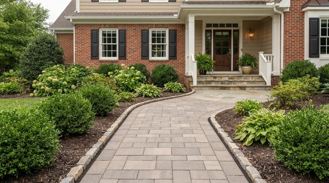 Illustrative coherent paver walkway with entry transitions after installation