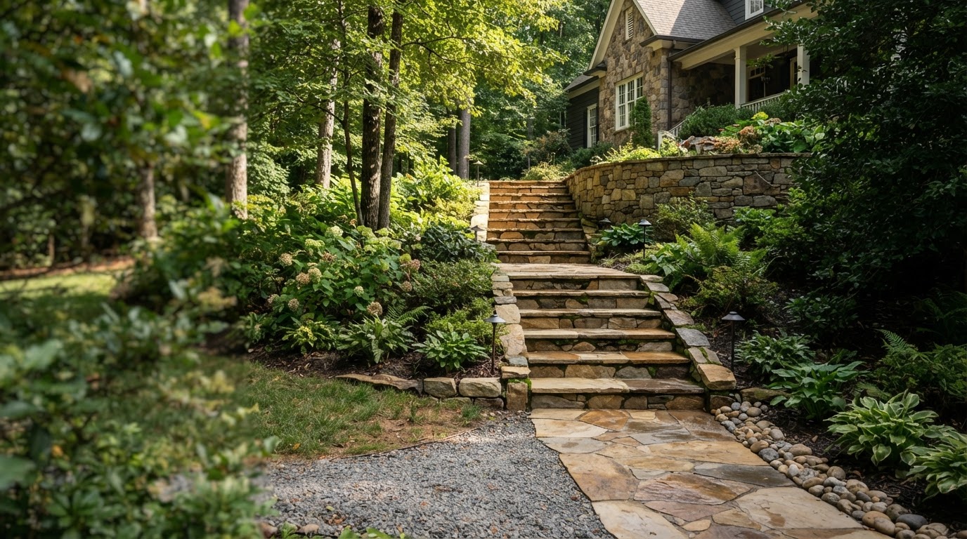 Outdoor stone steps connecting a paver walkway with an upper garden area