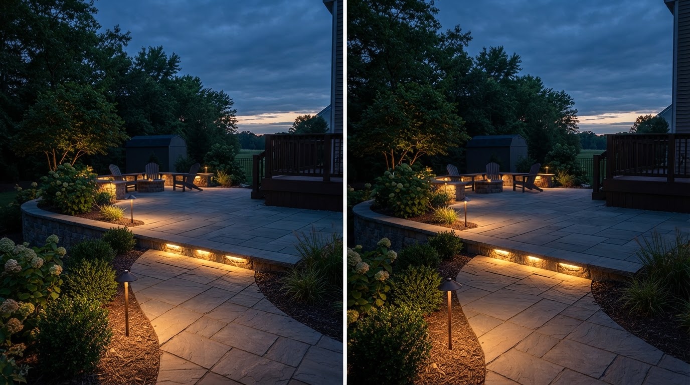 Dusk view of a paver walkway with subtle path and landscape lighting