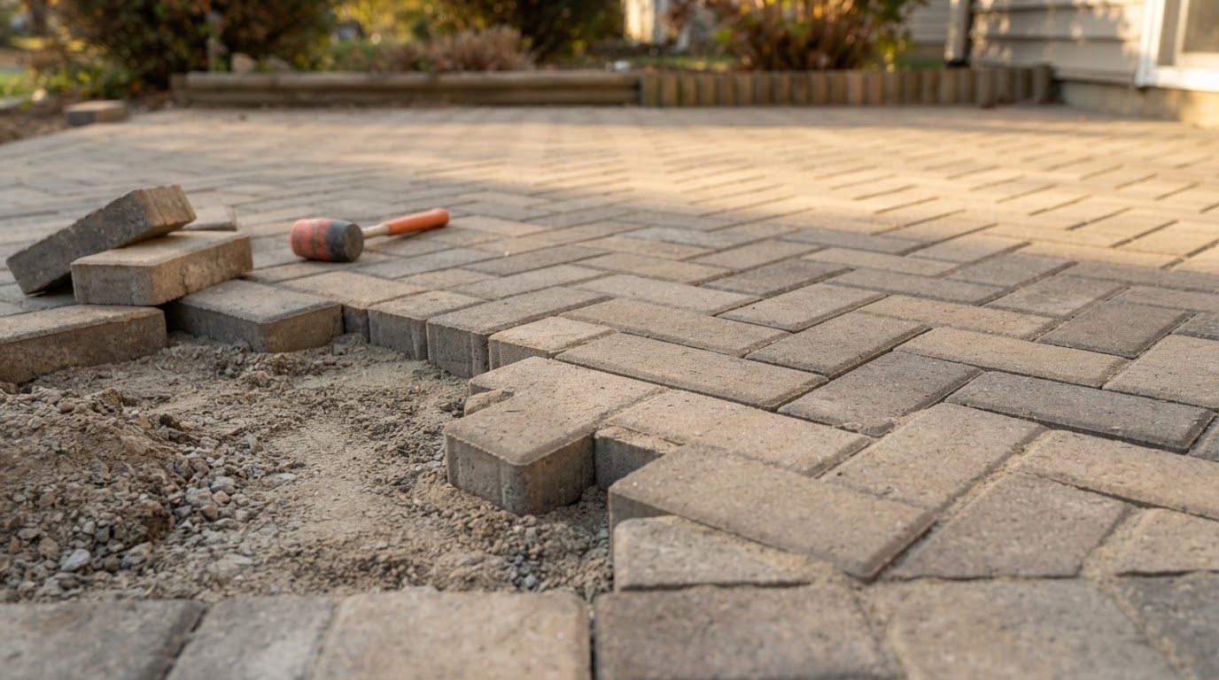 Close view of a paver patio surface being reset with lifted units and aligned surface transitions