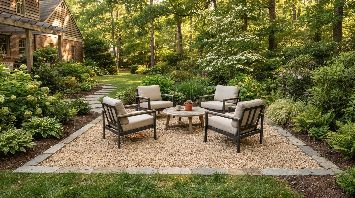 Contained gravel seating area with clean stone edging and realistic outdoor furniture in a backyard