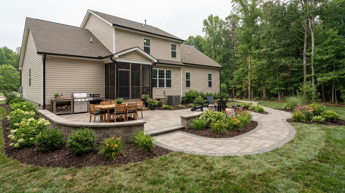 Paver patio connected to a walkway, low wall, and landscaped planting beds