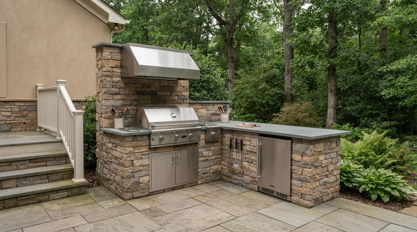 Outdoor kitchen with masonry finishes, a grill, and preparation counter