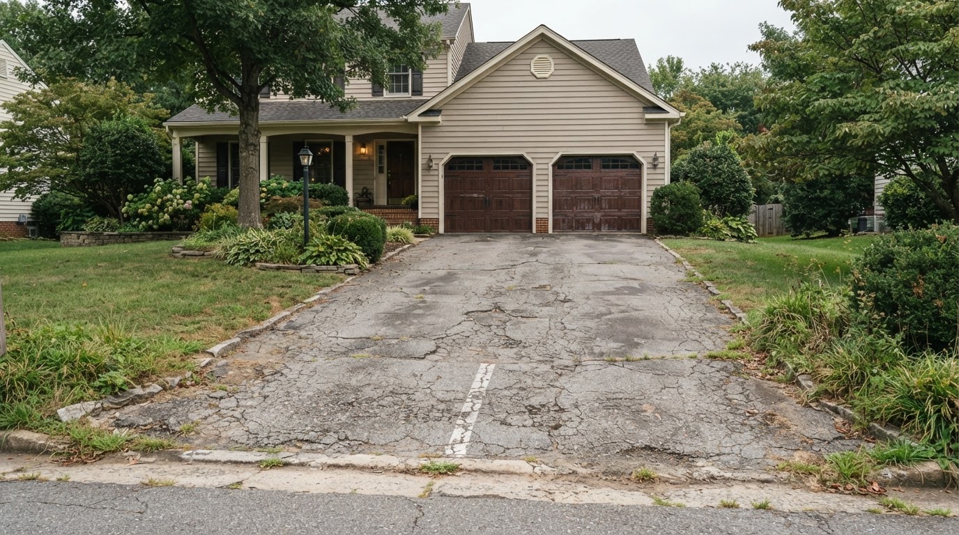 Illustrative existing worn cracked asphalt driveway before replacement