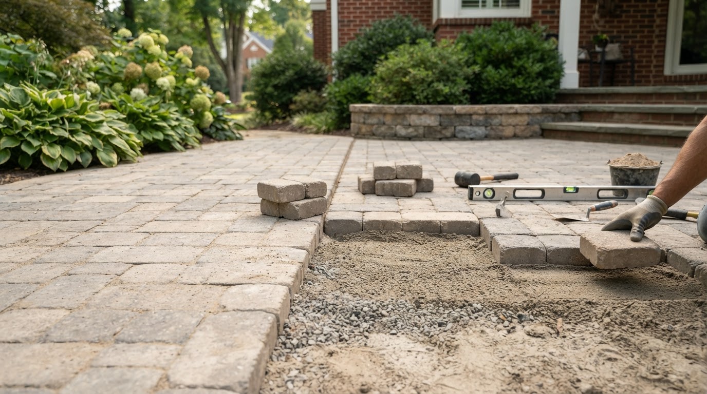 Paver repair scene showing a section of patio being reset and leveled