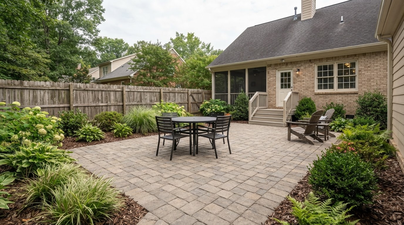 Residential paver patio with outdoor seating and planted borders