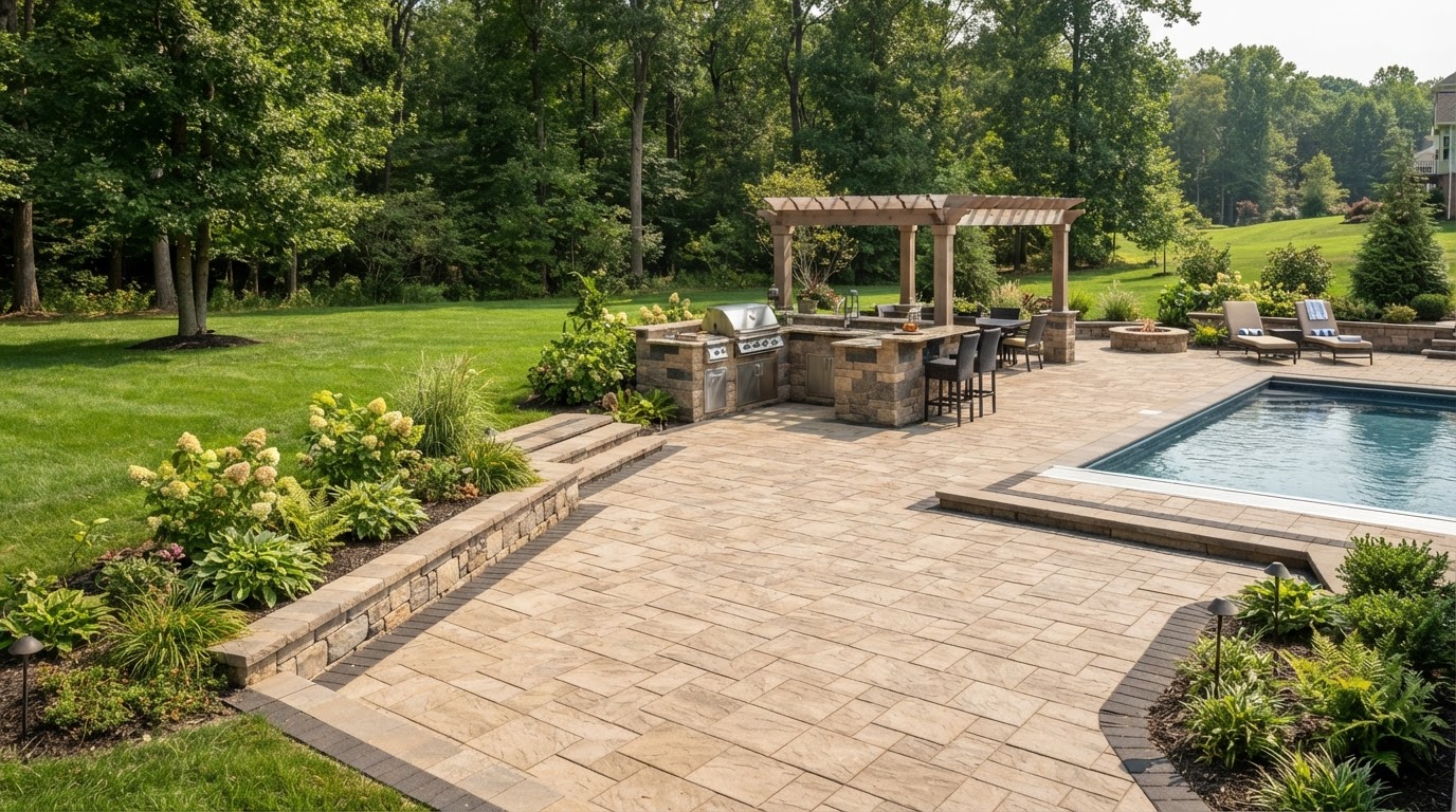 Outdoor living area with a paver patio, cooking space, planting beds, and poolside context