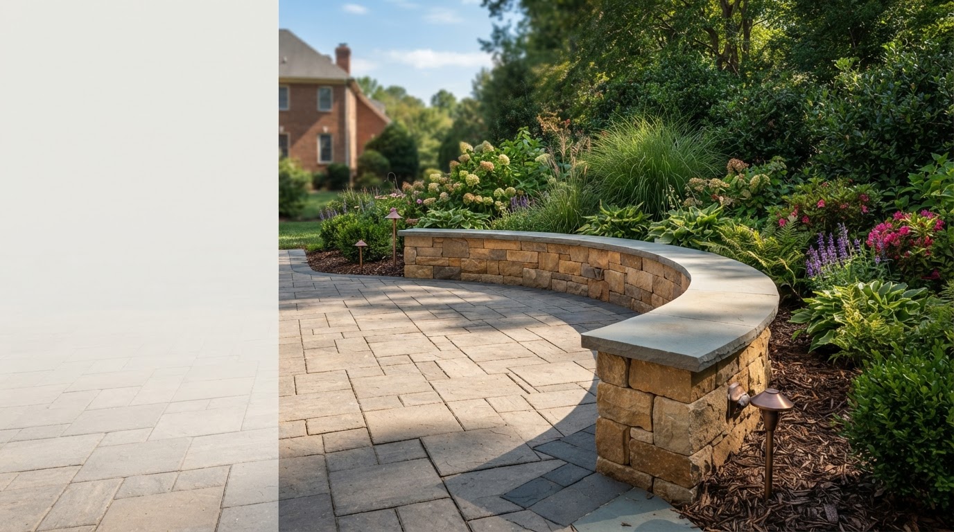 Low seating wall framing a paver patio and garden bed