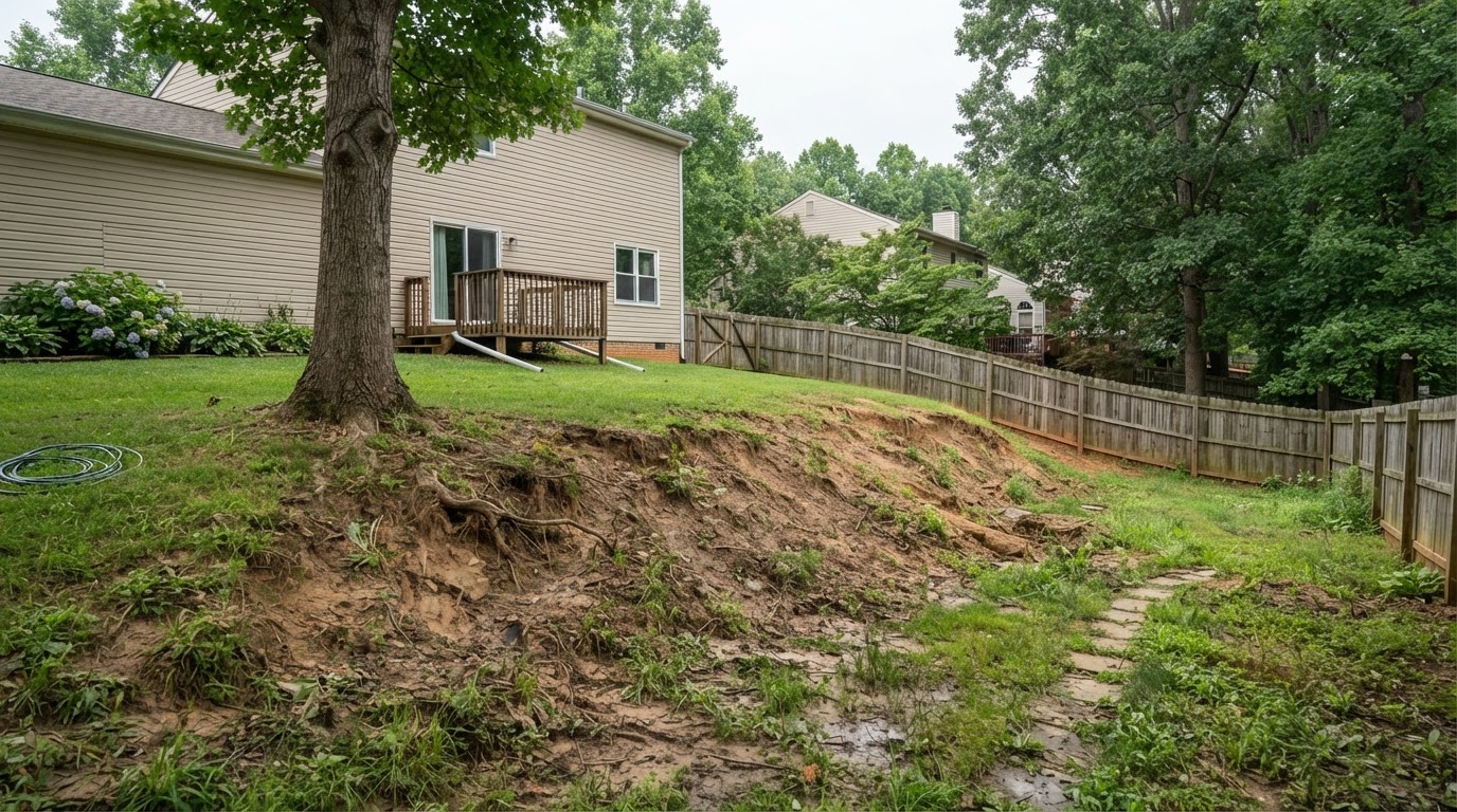 Illustrative modest sloped yard with bare eroding soil before retaining wall installation