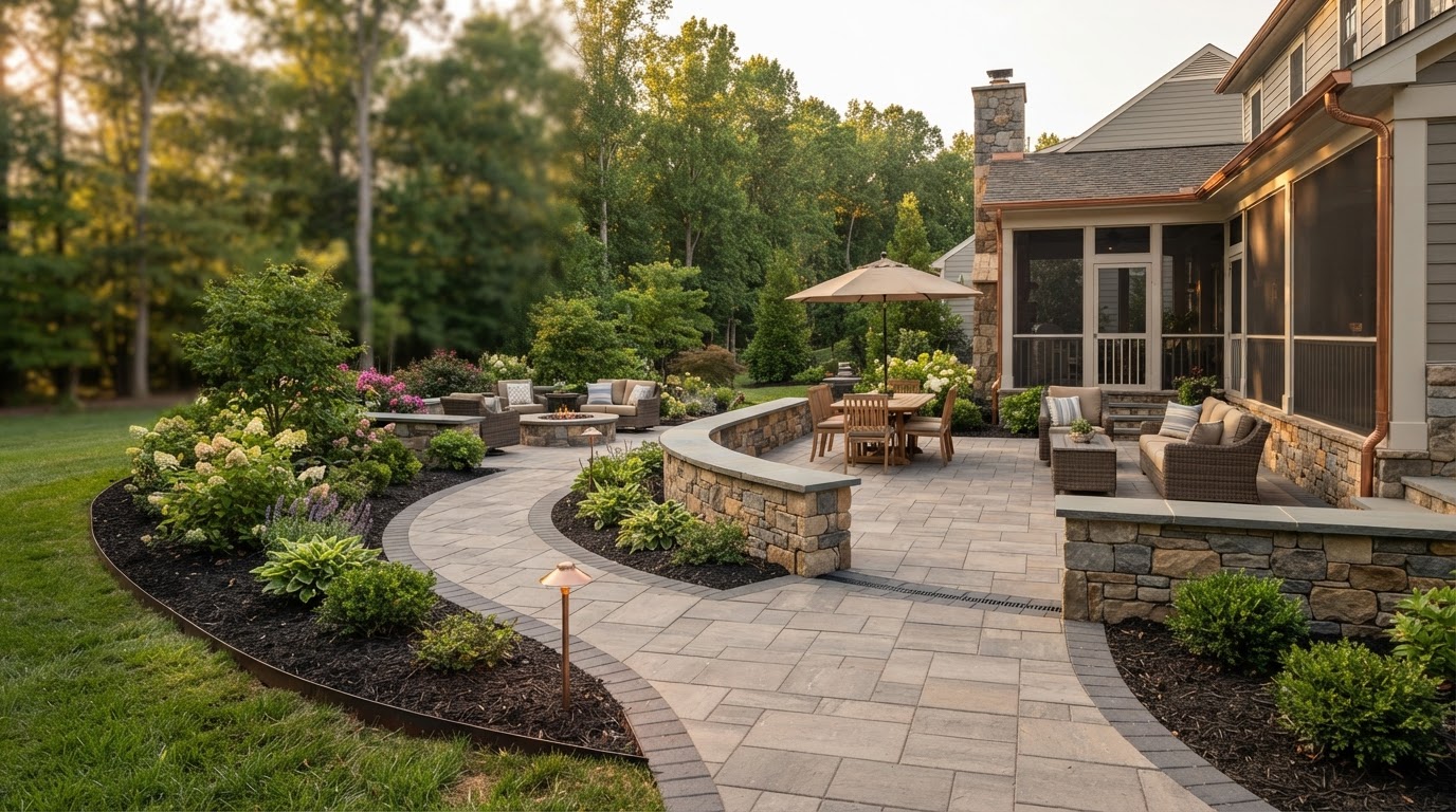 Cohesive residential backyard with distinct paver patio, curved walkway, low seating walls, and defined planting beds