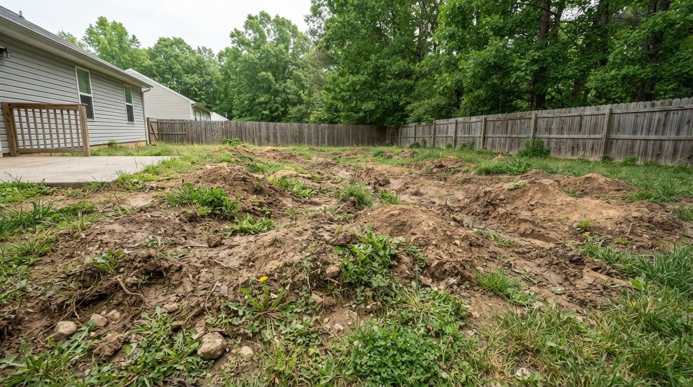 Illustrative uneven yard with modest mounded and dipped bare soil before grading