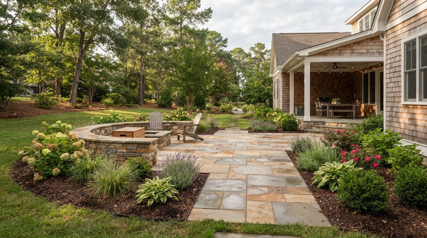 Natural stone or paver patio with planting edges and a transition to the surrounding yard