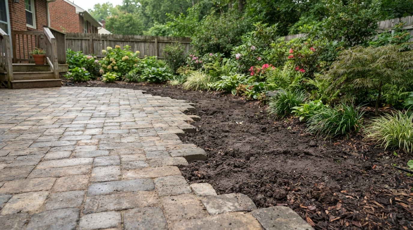 Illustrative undefined paver patio edge with bare soil border before seating wall installation