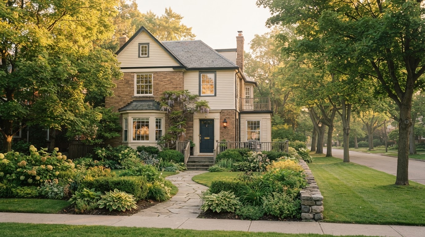 A quiet, established residential home on a tree-lined street at golden hour