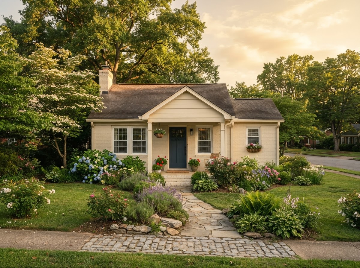 A modest, charming smaller home with a neat garden at golden hour
