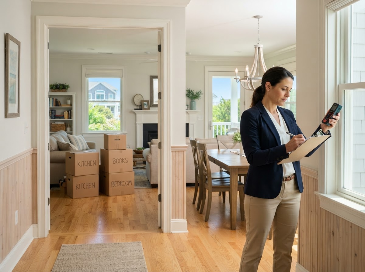 Well-maintained home with moving boxes visible through an open doorway while an appraiser documents the property