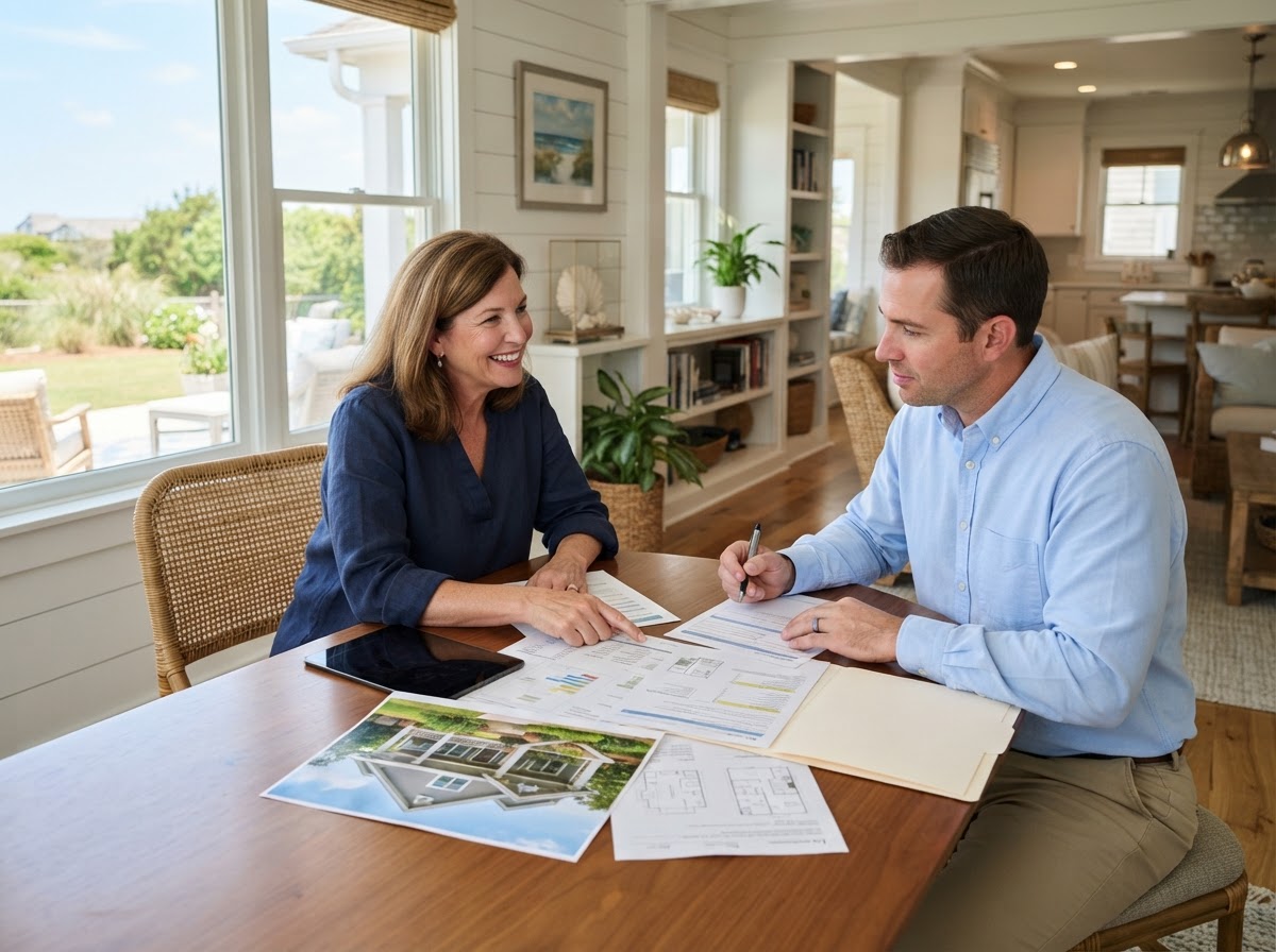Homeowner meeting with an appraiser over a property photo and organized documents