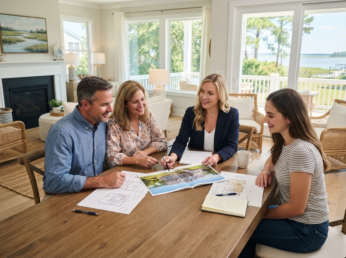 Family members reviewing a residential property photograph and documents with a professional