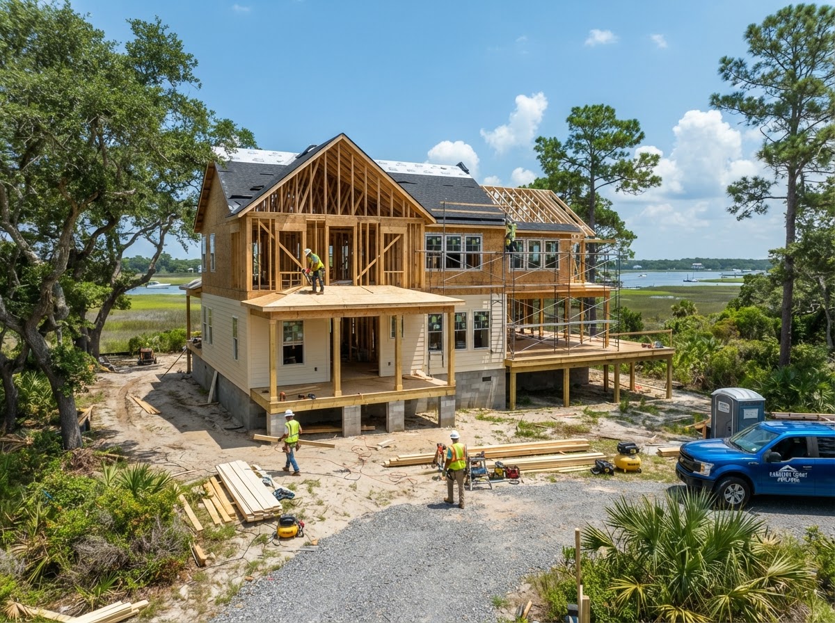 Residential home under construction with realistic framing and a partially completed exterior