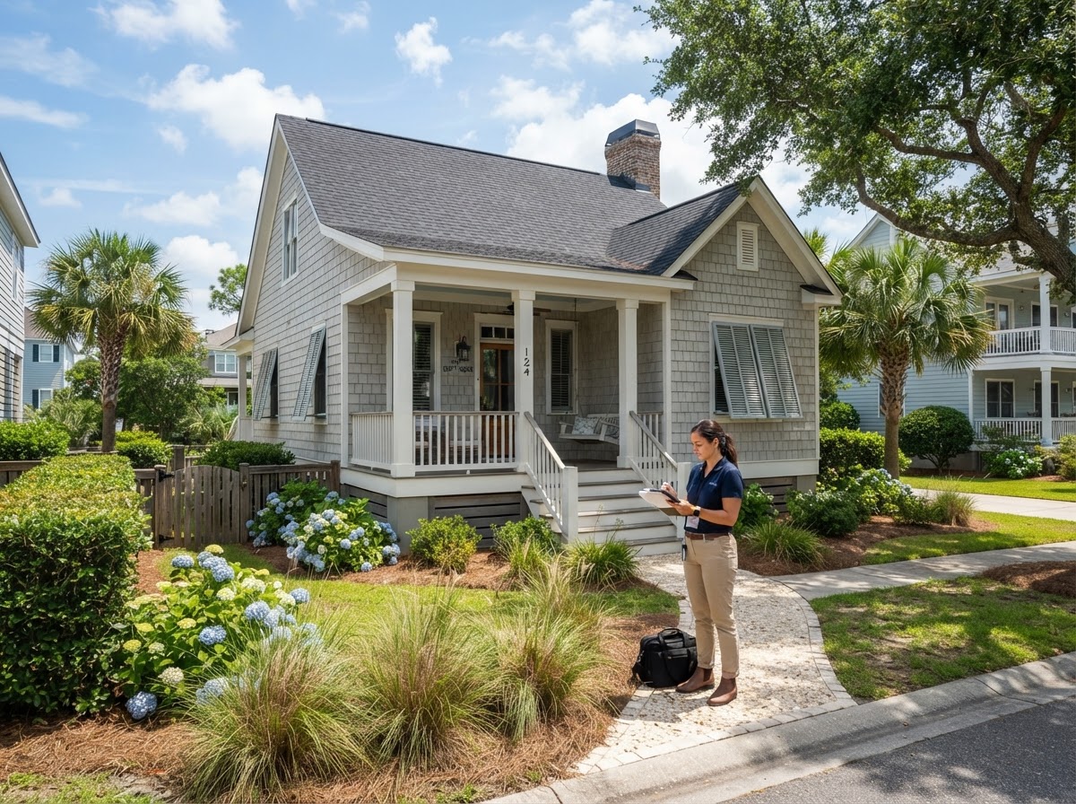 Appraiser taking notes outside a typical home, showing overall exterior condition