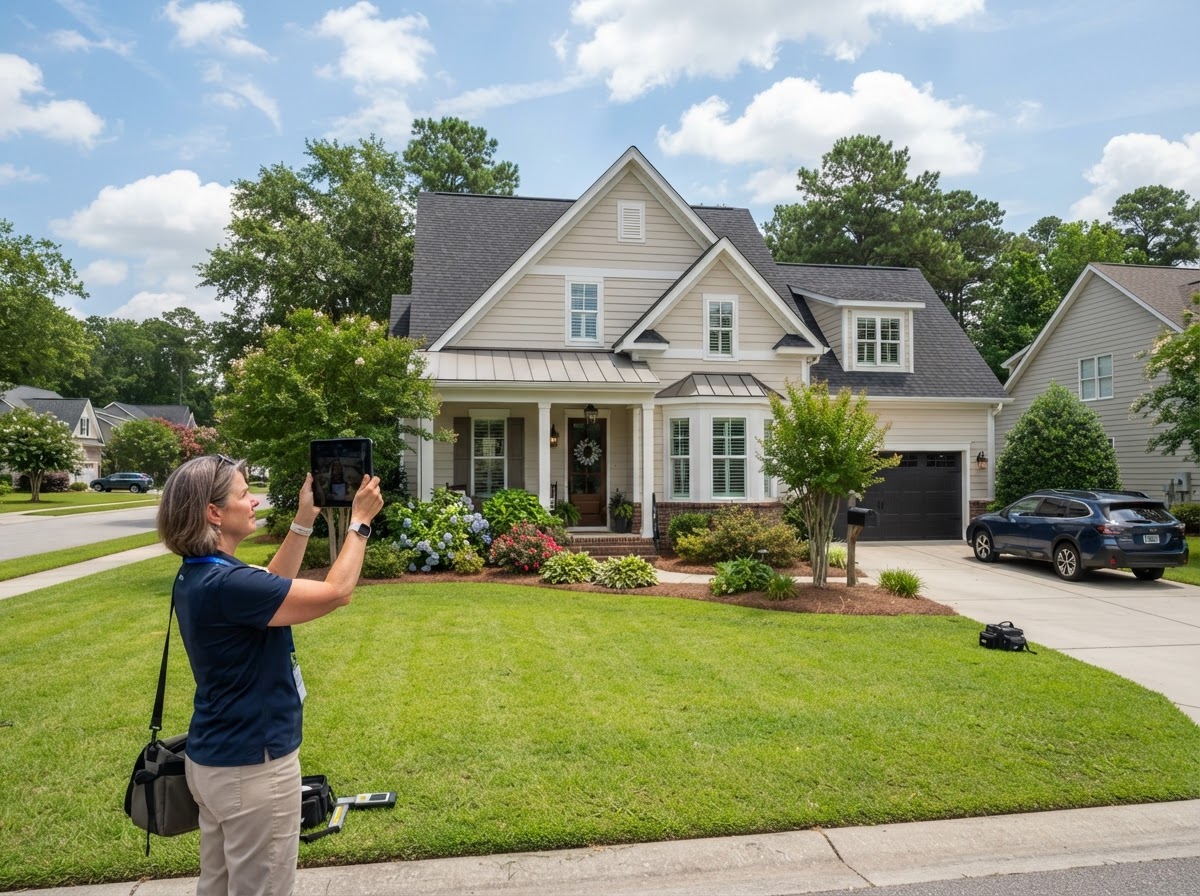 Appraiser photographing the exterior of a well-maintained owner-occupied home with a tablet