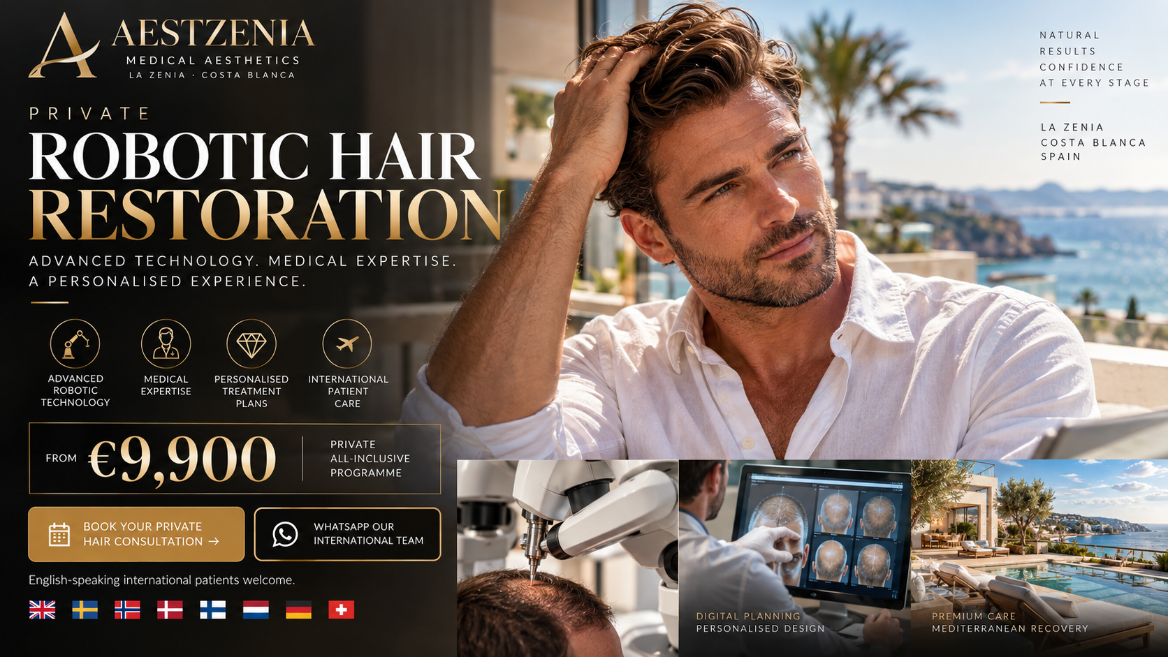 Aestzenia Private Robotic Hair Restoration poster showing sophisticated gentleman in Mediterranean setting, robotic precision technology and luxury recovery environment