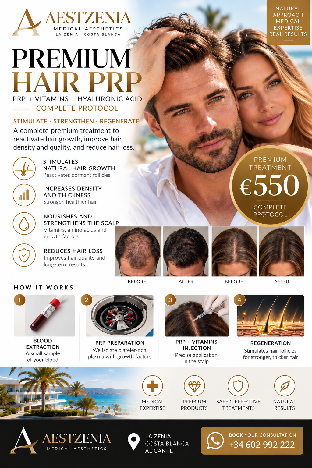 Aestzenia Premium Hair PRP complete protocol promotional poster featuring treatment steps, benefits and €550 offer