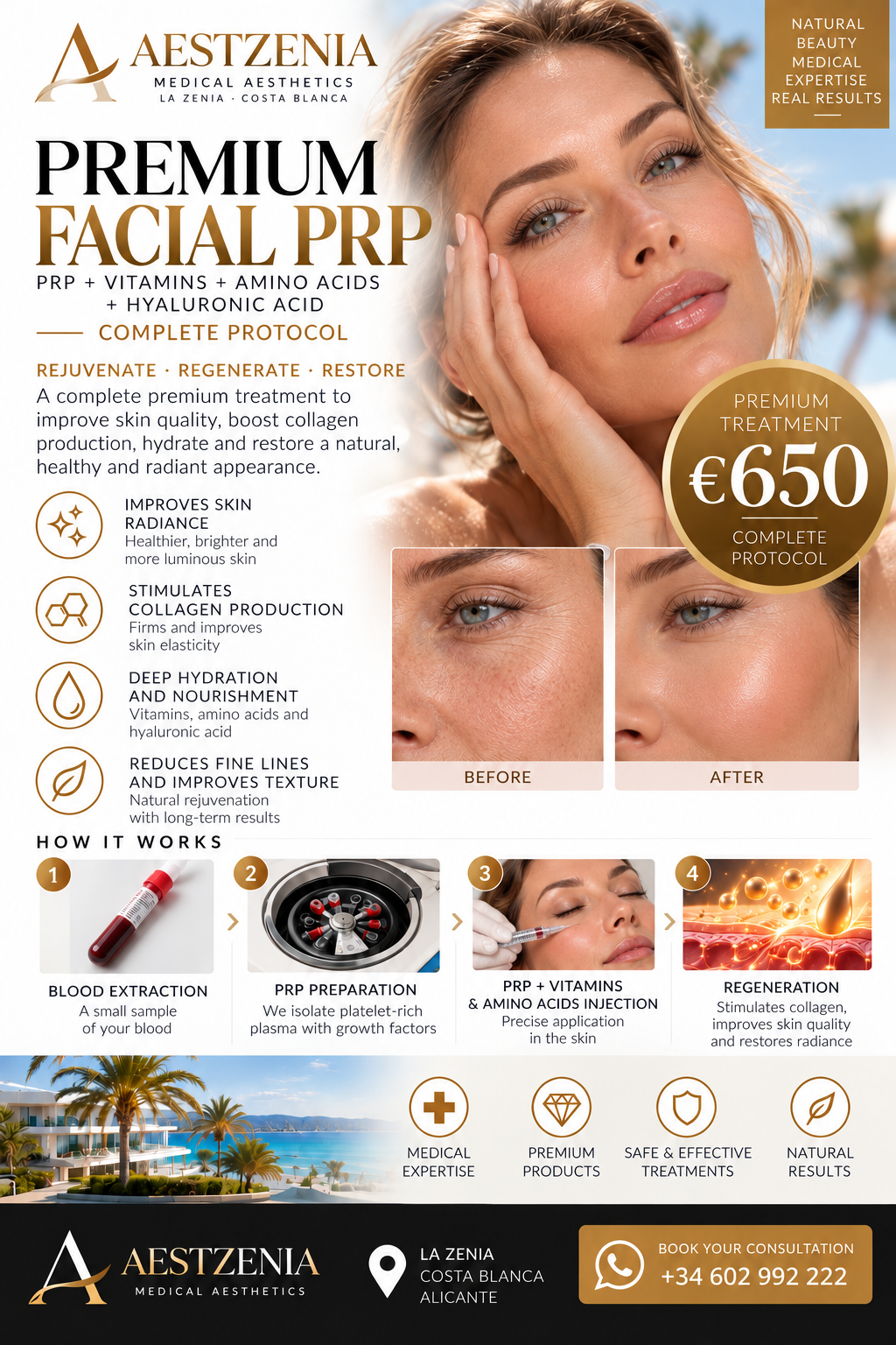 Aestzenia Premium Facial PRP complete protocol poster showing treatment steps, benefits, before/after results and €650 complete protocol