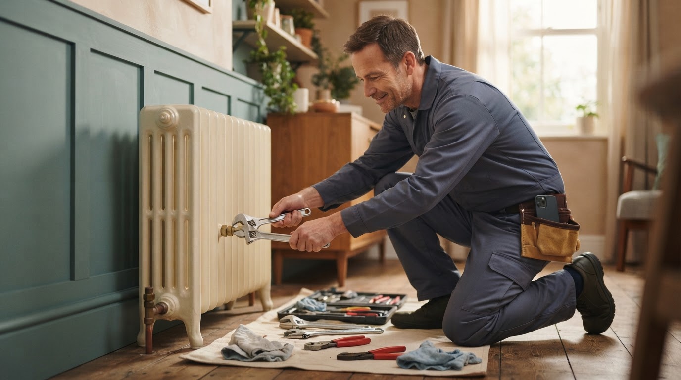 Dezelfde installateur werkt rustig verder aan de radiator, zijn telefoon in zijn broekzak.