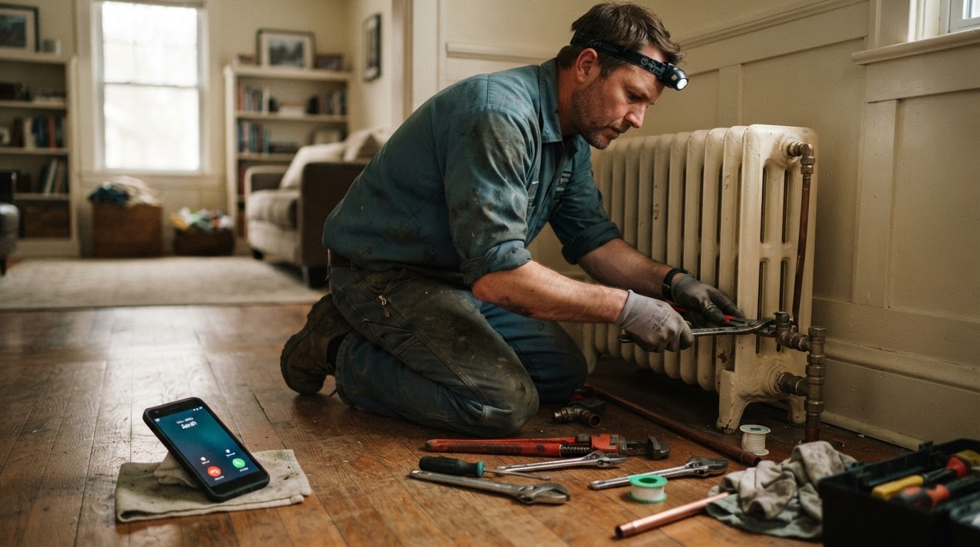 Een installateur zit geknield aan de leidingen van een radiator, zijn handen vol, terwijl zijn telefoon verderop op de vloer oplicht.