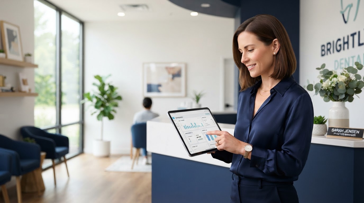 Gerente de clínica dental revisando el sistema de automatización en una tablet