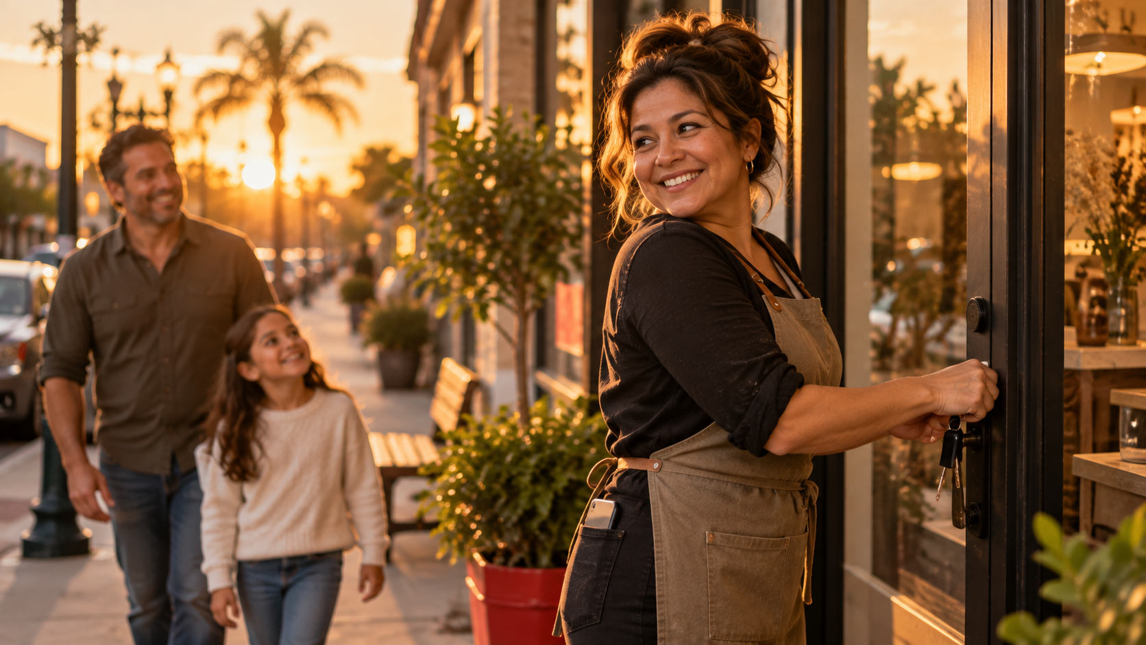 Business owner closing up at sunset to spend time with her family
