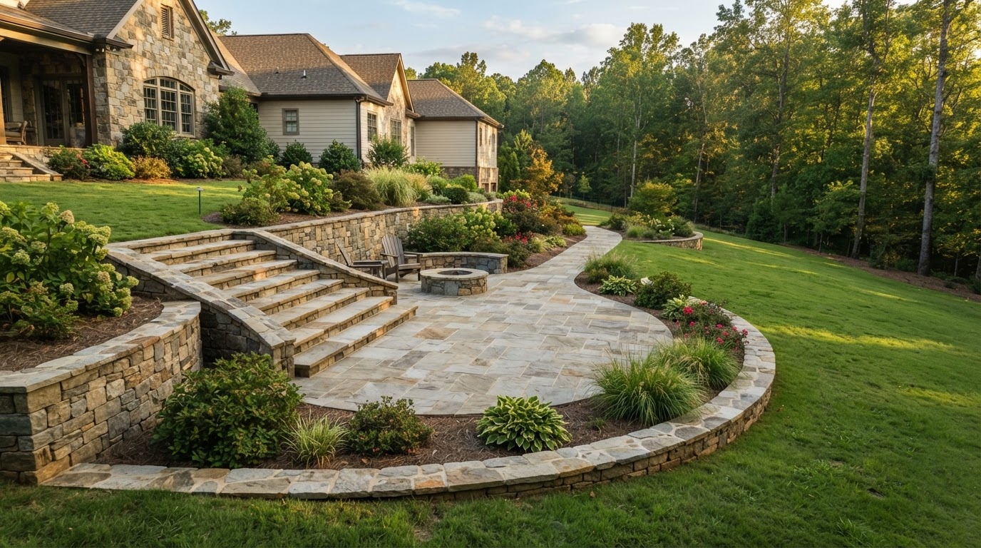 Stone patio with steps and edging built into a sloped North Georgia backyard