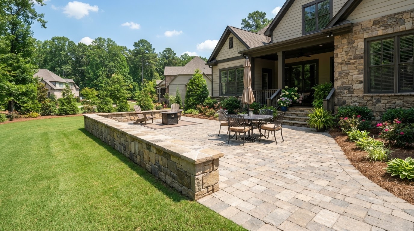 Retaining wall along a sloped residential yard